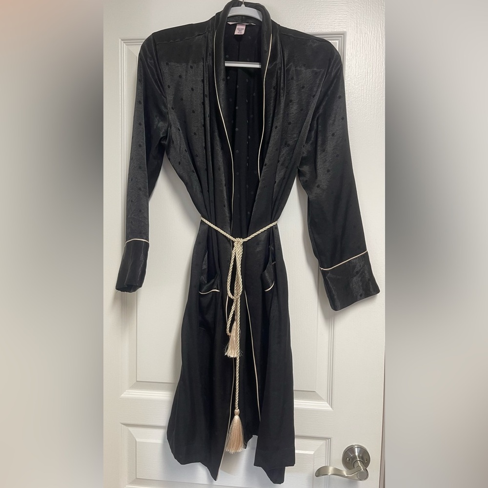 EUC - Victoria’s Secret Elegant Black Satin Robe with Tan Rope Style Trim; Small